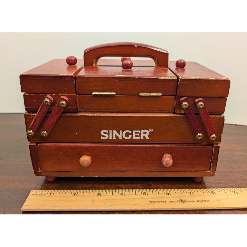 Vintage Singer Sewing Box Accordion Fold Out Wooden Sewing Carry Caddy Organizer